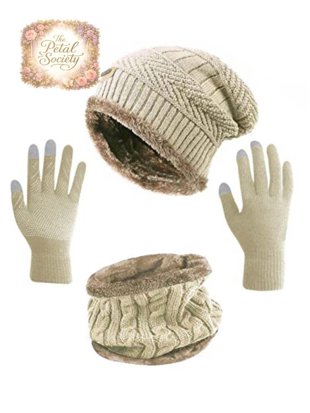 Womens Slouchy Beanie Scarf Gloves Set Acrylic Winter Knit Touch Screen